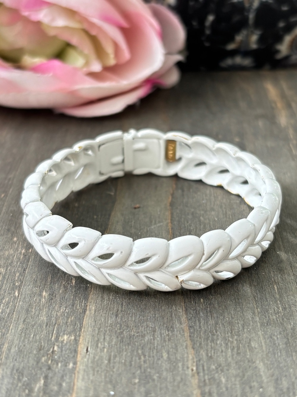 Vintage Trifari Crown White Metal Weave Bracelet